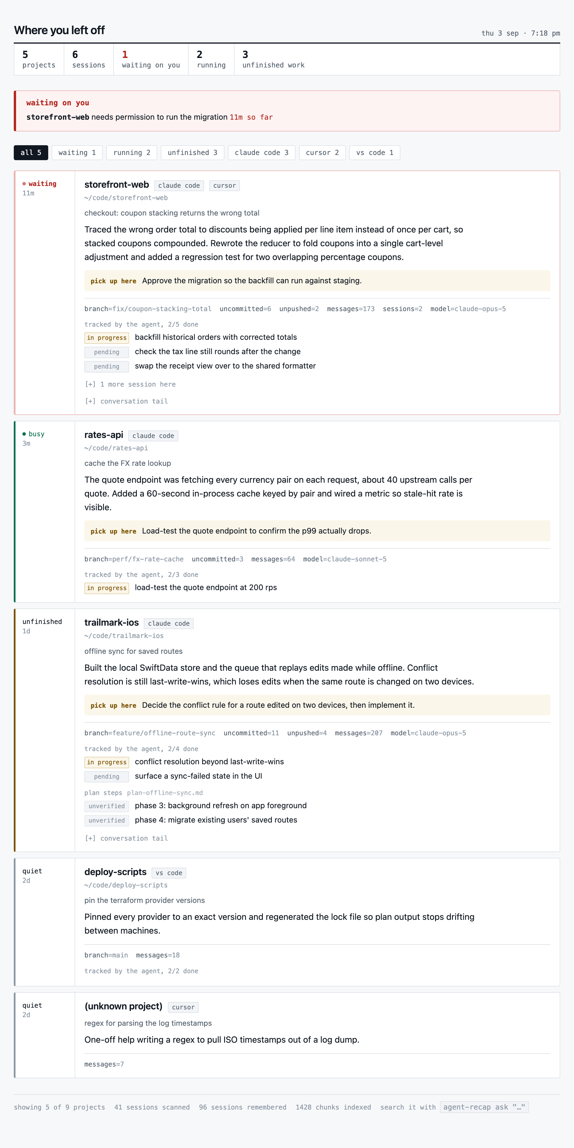 An agent-recap page showing a waiting-on-you banner above five project cards